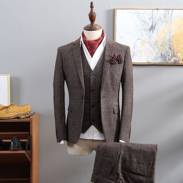 (N) British Style Suit Men 3 Piece Suit Plaid Blazer Trend Groom Wedding Suits Tuxedo
